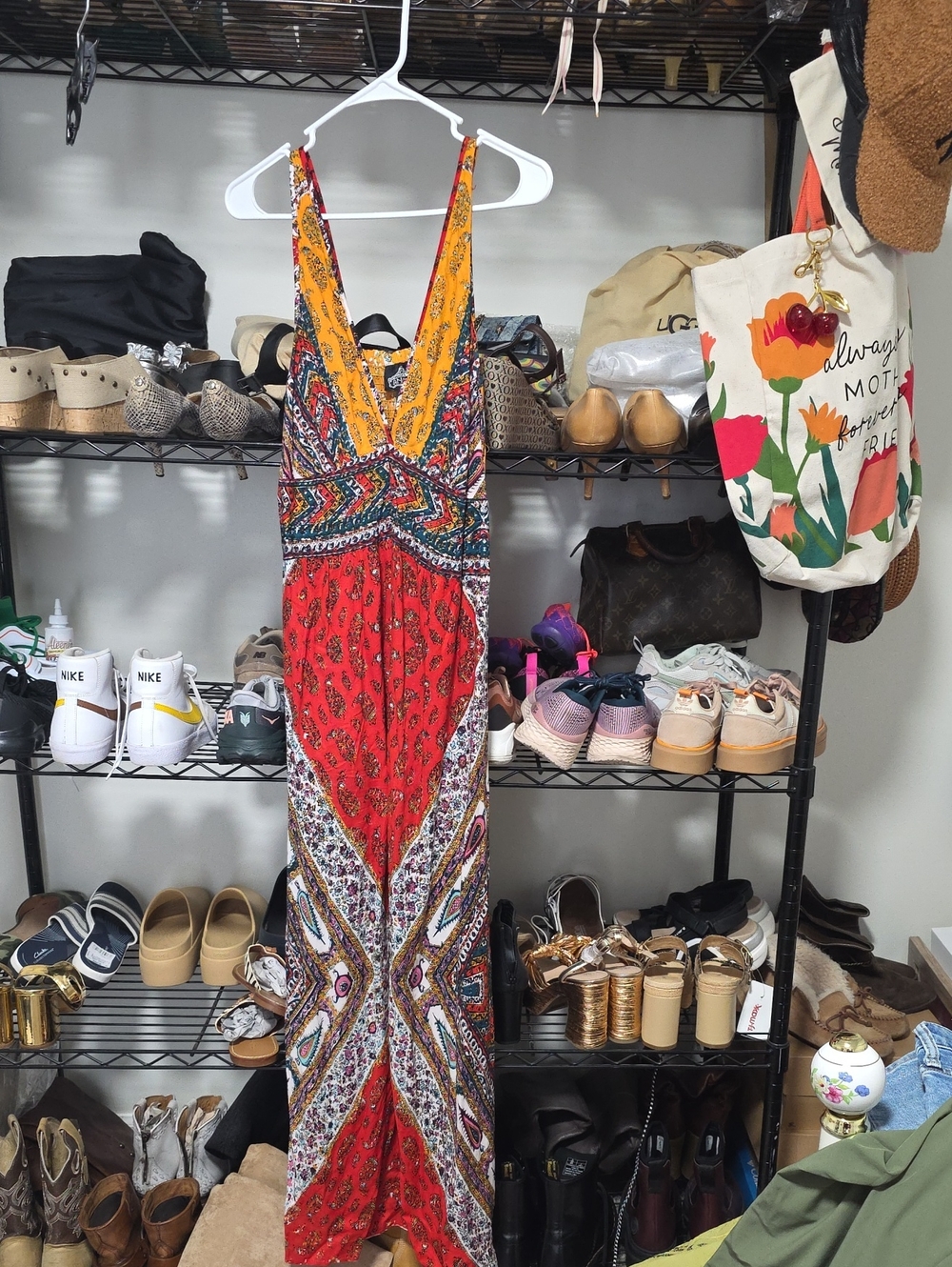 Angie Bohemian Maxi Dress in Red and Yellow Multi-Print